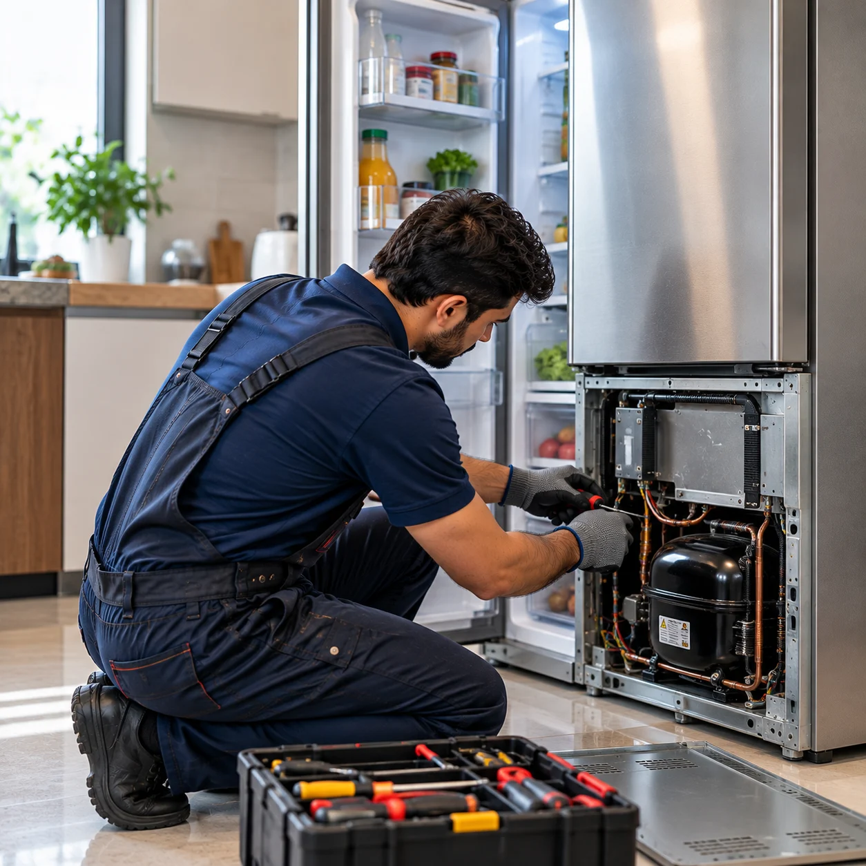 Technician servicing a refrigerator