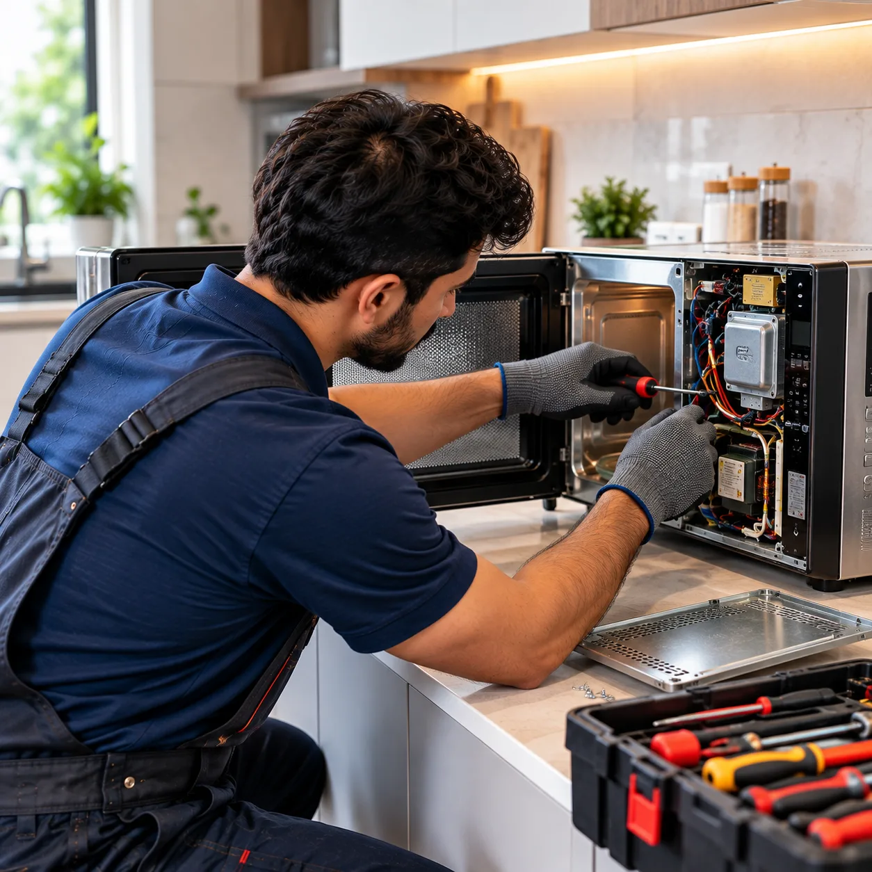 Technician servicing a microwave oven