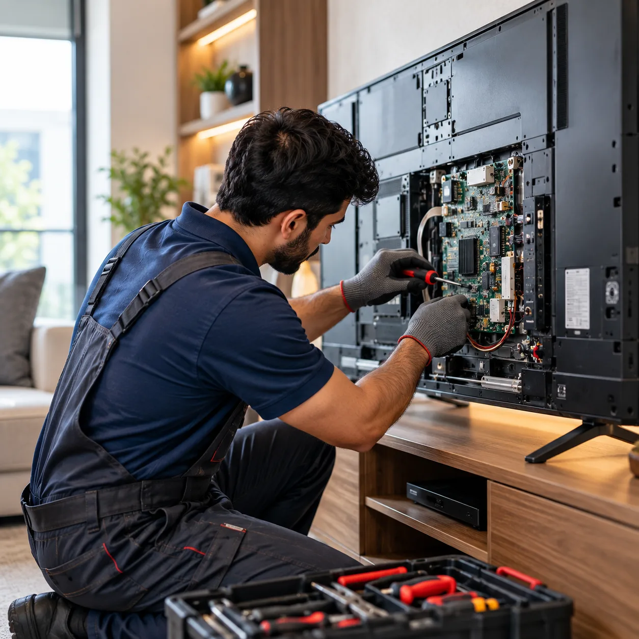 Technician servicing a television
