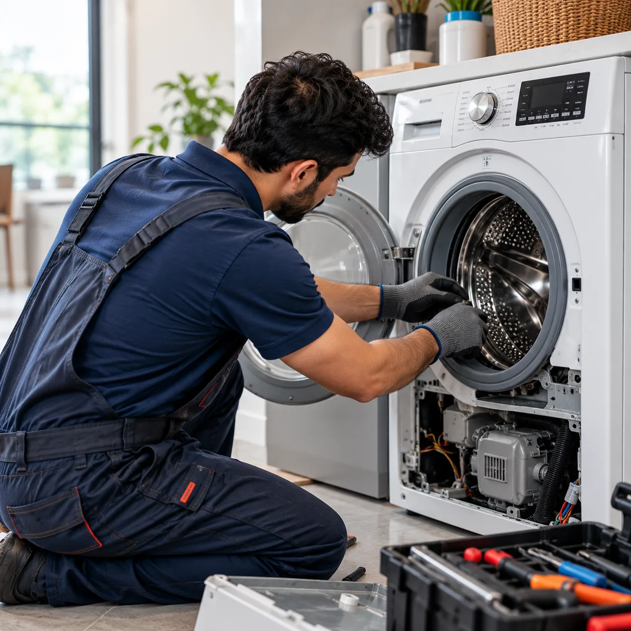 Technician servicing a washing machine